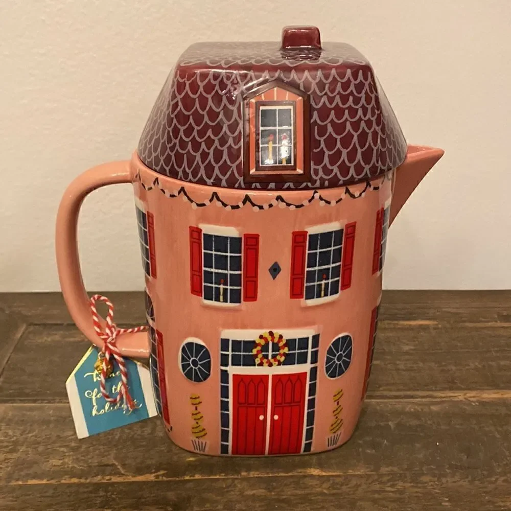 NWT ANTHROPOLOGIE Christmas Chalet Teapot Holiday House Pink Red